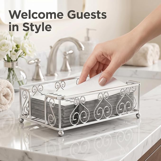 Guest Towel Holder Tray for Bathroom Countertop, Silver Napkin | Guest Bathroom, Powder Room & Vanity Use