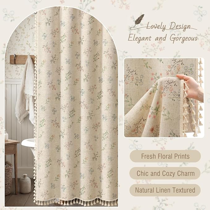 Floral Farmhouse Vintage Linen Shower Curtain, French Country Spring Shower Curtains for Bathroom with Tassels, 72Wx72H