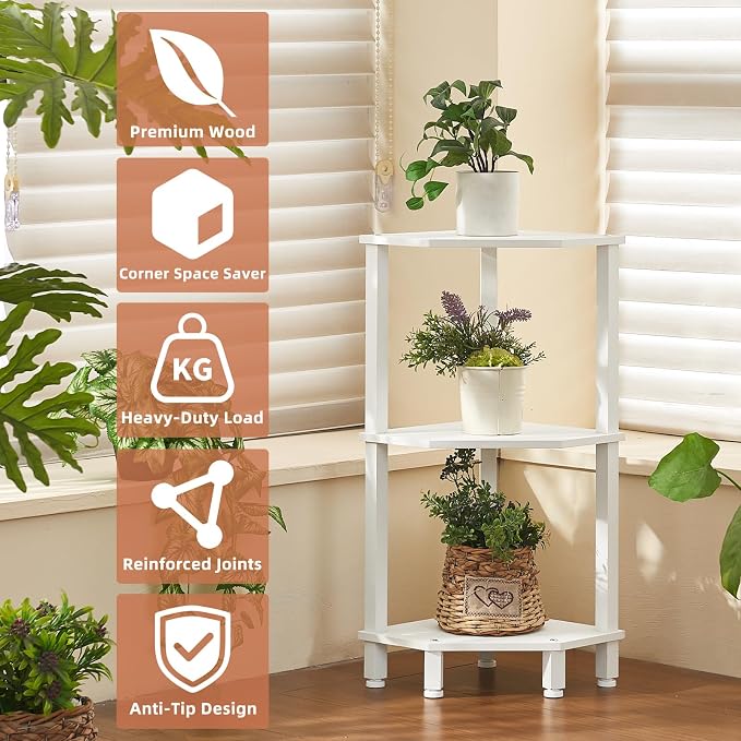 YUFAM 3-Tier Corner Shelf, White | Wooden Small Corner Table with Sturdy 5-Leg Base, Wooden Corner Bookshelf for Adjustable Base