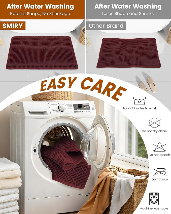 Smiry Waffle Bath Mat 30X20, Extra Soft Absorbent Bathroom Rugs, Burgundy | Non Slip Machine Washable Quick Dry Bath Rugs for Bathroom Floor, Tub, Shower, Home Decor Accessories