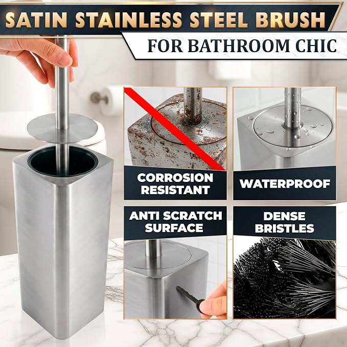 Toilet Brush and Holder Set, Stainless Steel, Replaceable Head (Silver) | Stainless Steel Toilet Bowl Brush and Holder with 2 Rounded Corners, Removable Inner Bowl & Splash Guard Cover