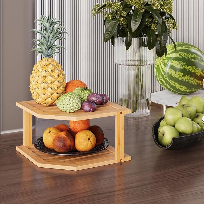 VERTORGAN 2 Tier Bamboo Plate Organizer,Corner Shelf for Kitchen | Pantry Storage,Dish Rack,Spice Rack,Corner Organizer,Kitchen Counter Shelves,Kitchen Storage,Holds Plates