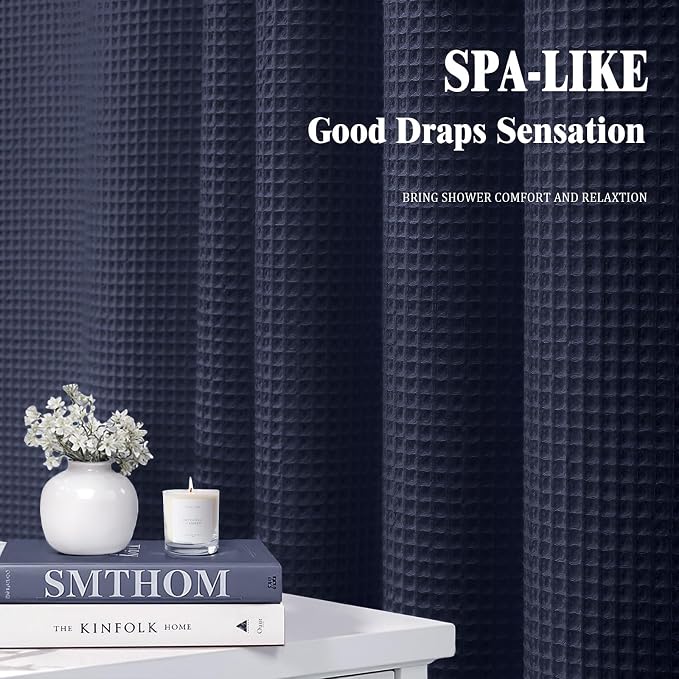 Long Waffle Shower Curtain Heavyweight Cotton Fabric Navy Blue 72Wx84L | Soft Cotton Cloth,3D Square Truely Waffle,Washable, Hotel Luxury Spa, Shower Curtains for Narrow Bathroom 12 Plastic Hooks