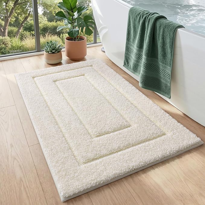 DEXI Bathroom Rugs 32x20, Non-Slip and Absorbent Bath Mat, Cream | Machine Washable, Soft Plush Microfiber Bathmat with Rubber Back, Quick Dry Rug for Shower, Tub, Sink
