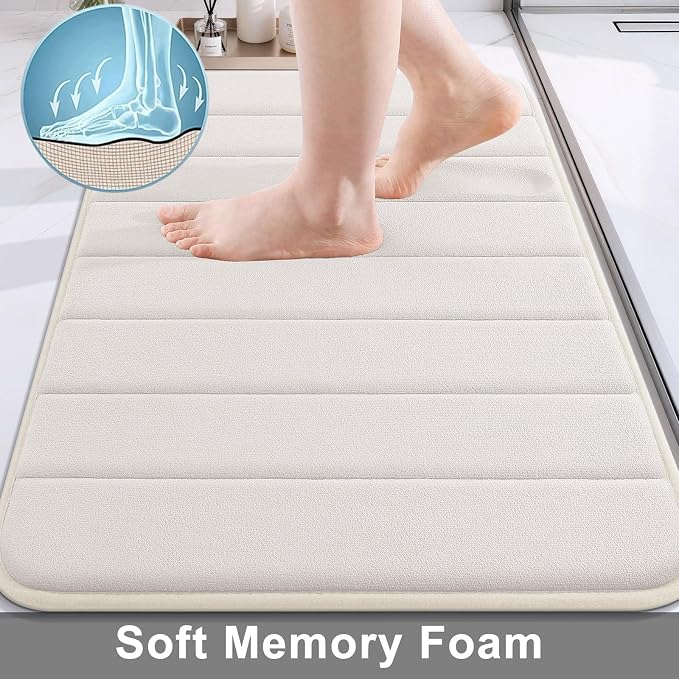 Buganda Memory Foam Bath Mat 44 x 20, Ultra Soft Absorbent Bathroom Rugs | Cream, Machine Washable Quick Dry Bath Mats for Bathroom Floor, Shower and Tub, Home Decor Accessories