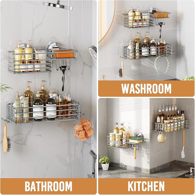 Shower Caddy Suction Cup, 2 Pack Heavy Duty Bathroom Organizer | Shower Caddy with Hooks & Soap holder, Removable Shower Storage, Rustproof Silver bathroom Holder