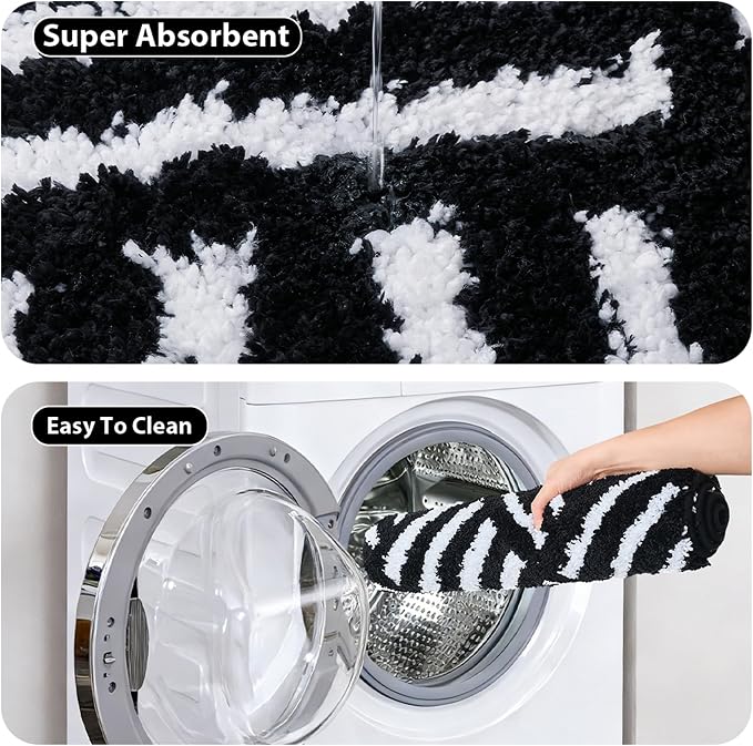 ORTIGIA Striped Black Bathroom Rugs Non Slip Washable, 20x30 Quick Dry Absorbent Soft Plush Microfiber Bath Mats, Bath Rugs for Bathroom Floor Carpet for Sink Bedroom