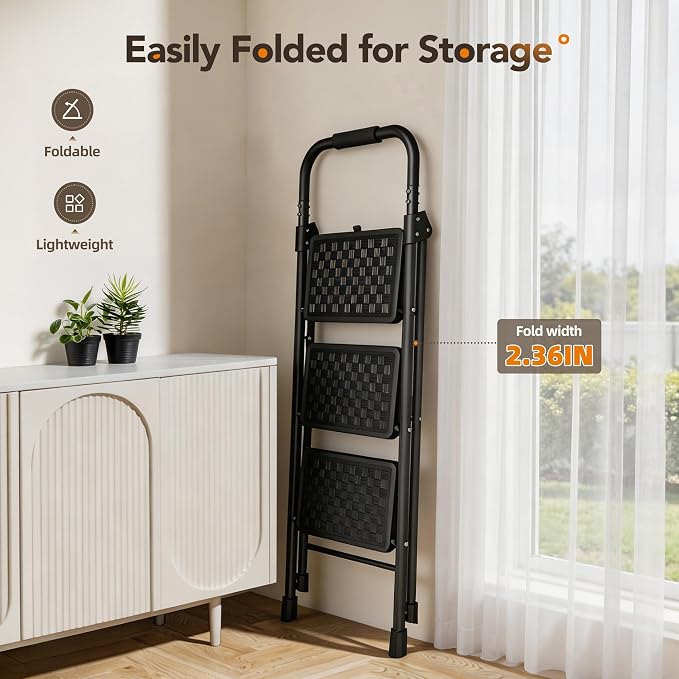 HBTower 3 Step Ladder, Heavy Duty Step Stools for Adults | Step Stool Foldable with Anti-Slip Pedal and Feet, Ladders for Home Kitchen Garage Outdoor, 330 Lbs, Black
