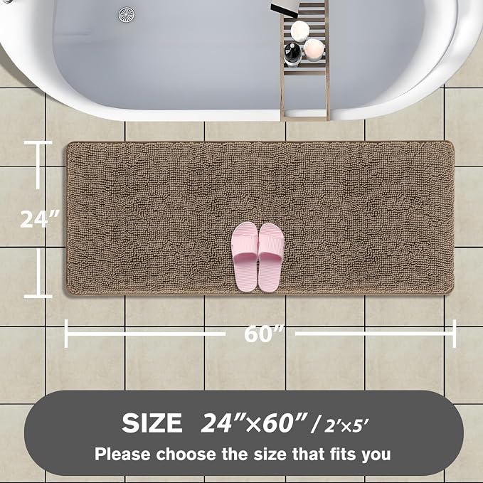 Bathroom Runner Rug 24 x 60 Inch – Extra Large Long Bath Mat | Absorbent and Washable Thick Chenille Bath Rug Non-Slip Runner Rug for Bathroom, Shower, Sink(Taupe)