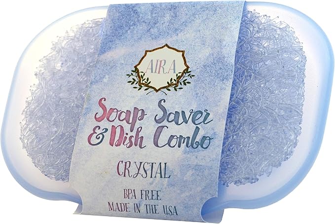 Aira Soap Saver - Soap Dish & Soap Holder Accessory - USA Made BPA Free Shower & Bath Soap Holder - Drains Water, Circulates Air, Extends Soap Life - Fits All Soap Dish Sets - Crystal Dish Combo
