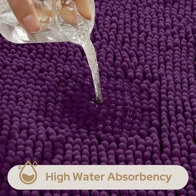 HOMEIDEAS 3 Pieces Bathroom Rugs, Ultra Soft Non Slip Absorbent Chenille Toilet Bath Mat Set (Purple)