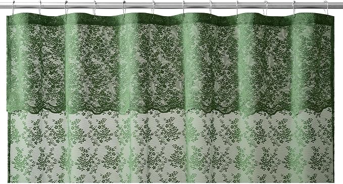 TUDECO Dark Green Shower Curtain for Bathroom, Delicate Lace, 72 x 72 | Forest Green Floral, Rustic Nature Decor, Attached Valance, Brightens Space, Semi- Privacy, Airy Summer Bath Curtain