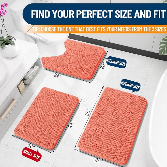 OLANLY Toilet Rugs U-Shaped 24x20, Soft Absorbent Chenille Contour Rugs | Coral, Quick-Drying Rubber Backing, Machine Washable Non-Slip Shaggy Bathroom Mat for Toilet, Home Decor Accessories