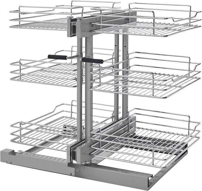 Rev-A-Shelf Chrome 3-Tier Wire Pullout Organizer with Soft-Close for Blind Corner Kitchen/Bathroom Cabinets, Adjustable 6-Basket Storage System, Min Opening Width of 15", 5PSP3-15SC-CR
