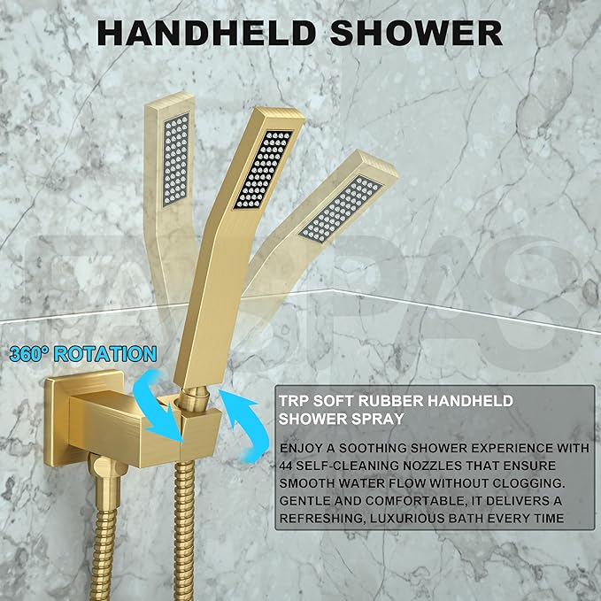 Shower System with 12-Inch Rain Head and Tub Spout | All-Metal Tub Shower Faucet Set, Wall Mounted Rain Showerhead, Handheld Spray, Includes Valve and Trim Kit, Brushed Gold