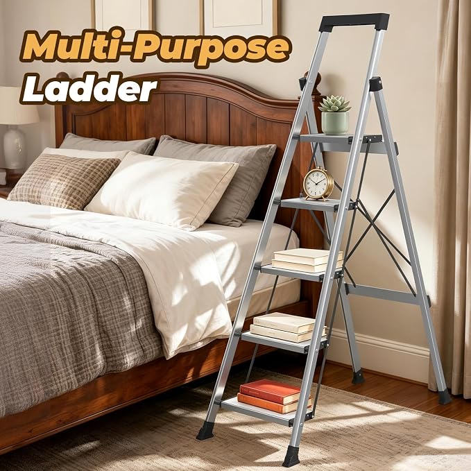 HBTower 5 Step Ladder, Lightweight Aluminum Folding Step Stool | Anti-Slip Wide Pedal, 330lbs Capacity Step Ladder for Household Kitchen Office, Silver