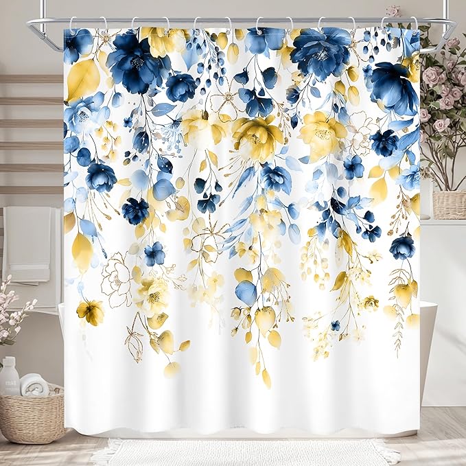 Blue Yellow Floral Watercolor Eucalyptus Leaf Bathroom Shower Curtain Set | 72"W x 72"L Flower Plant look, waterproof HD printed shower curtain, quick-dry fabric and free hooks.