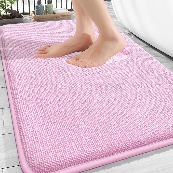 OLANLY Thick Memory Foam Bathroom Rugs 30x20, Soft Absorbent Bath Mat, Pink | Quick Dry Bath Rugs, Non-Slip Carpet, Machine Washable Mats for Bathroom Floor, Tub and Shower, Home Decor Accessories
