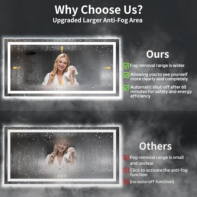 72"x36" LED Bathroom Mirror with Lights, Backlit+Frontlit, Anti-Fog | CRI 95, Stepless Dimmable, 3 Colors Lighting, Shatterproof Tempered Glass, HD Reflection, Memory, (Horizontal/Vertical)