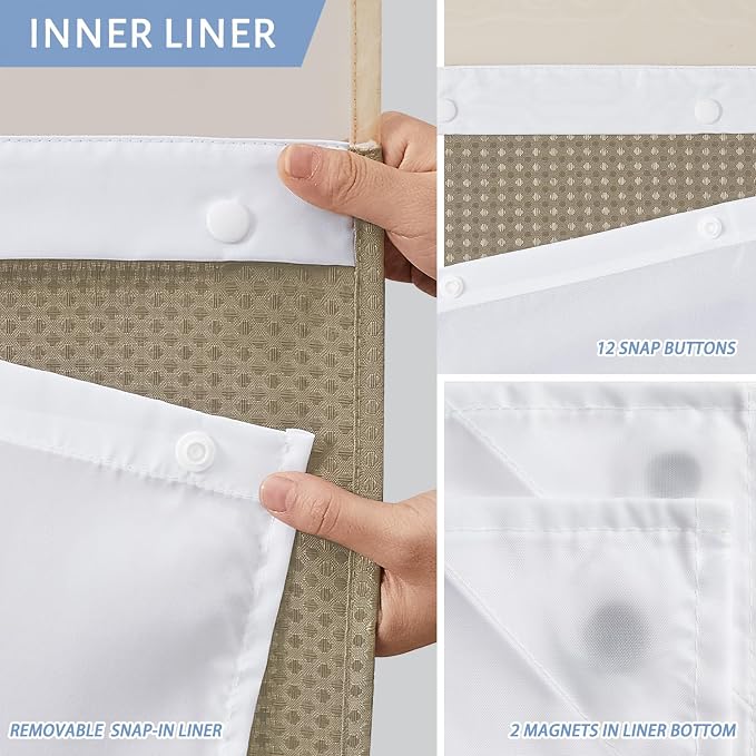Furlinic No Hook Waffle Weave Shower Curtain with Snap in Fabric Liner,Honeycomb Textured Bathroom Curtains with See Through Top Window,Waterproof & Machine Washable,Beige,71x78 Inch