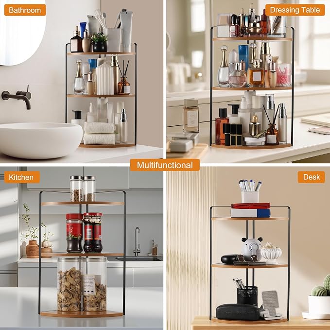 3 Tier Corner Bathroom Counter Organizer, Light Brown | Countertop Sink Organizer Rack, Wooden and Metal Counter Shelf, Space Saving Corner Bathroom & Vanity