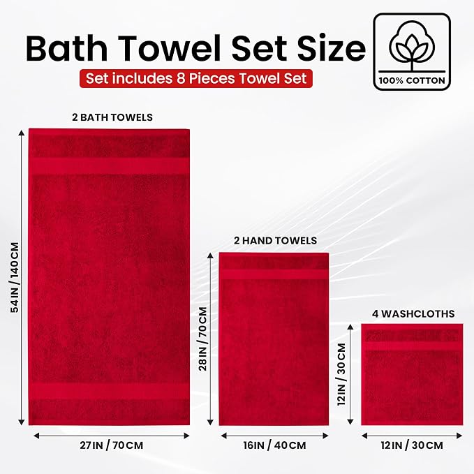 Infinitee Xclusives 100% Cotton Bath Towel Set – 8 Piece Bathroom Towel Set | (2 Bath Towels, 2 Hand Towels, 4 Washcloths) – Soft & Absorbent Towels for Bathroom - Gym, Shower, Spa & Hotel Use