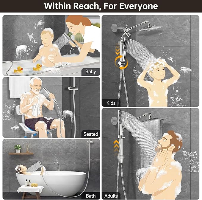 Veken All Metal 8" Luxurious Rain Shower Head with Handheld,High Pressure | Dual Shower Heads Spray,Power Wash Wand,Detachable Showerhead Combo,Small Square Adjustable Rainfall ,Spa-like,Chrome,Silver