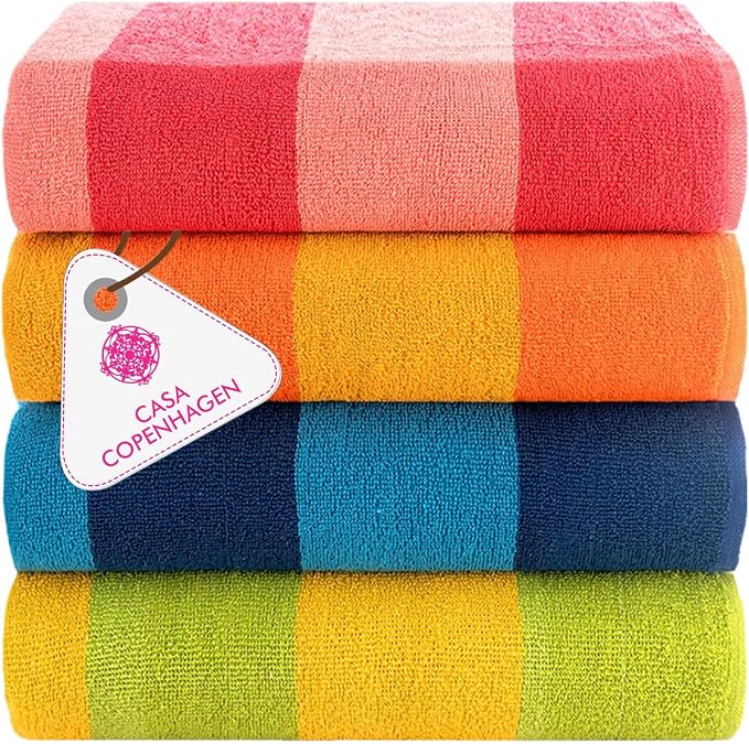 CASA COPENHAGEN Malibu Beach Towels Designed in Denmark Rough and Tough, Quick Dry, for Pool, Bath & Shower 30x60 inches 4 Pieces Cotton Beach Bath Towels Set - Orange, Blue, Pink, Green