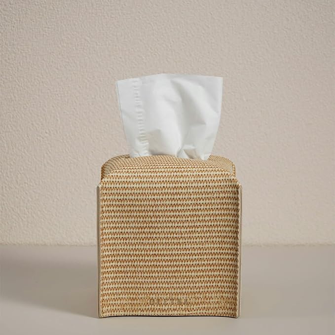 OLETHA Square Tissue Box Cover, Aesthetic Desk Decor, Rattan Embossing | Faux leather tissue box holder for room, home, office; fits Kleenex & Puffs cube boxes; velcro base; easy swap; wipes clean