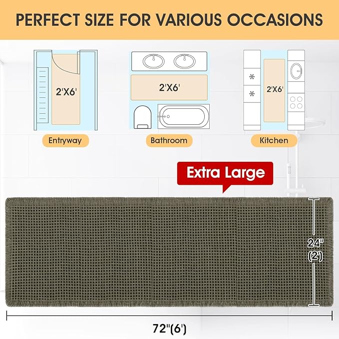 Waffle Runner Rug Olive Green 6'x2', Boho Woven Modern Bath Mat Rugs, Absorbent Non Slip Bathroom Rugs, Soft Washable Bath Rugs with Tassels for Bathroom, Bedroom, Kitchen, Shower, Tub
