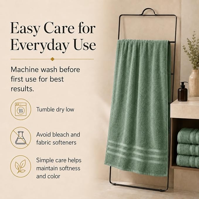Velqora Bath Towels, 4 Pack, 30x60 in, 100% Cotton, Soft, Sage Green | Absorbent Terry | Balanced Weight | Easy Care