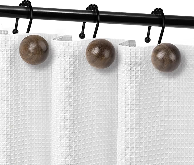 Sunlit Boho Wood Beads Decorative Shower Curtain Hooks, Shower Curtain Rings with Roller Balls, Farmhouse Bathroom Decoration Curtain Hangers Accessories, Set of 12, Walnut Wood