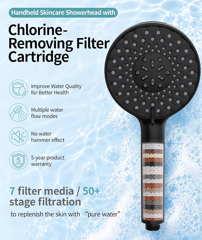 SR SUN RISE Filtered Shower Head with Handheld High Pressure 9 Spray Mode Showerhead Detachable Shower Head Water Softener Filters Beads for Hard Water Remove Chlorine 4 Filters Matte Black
