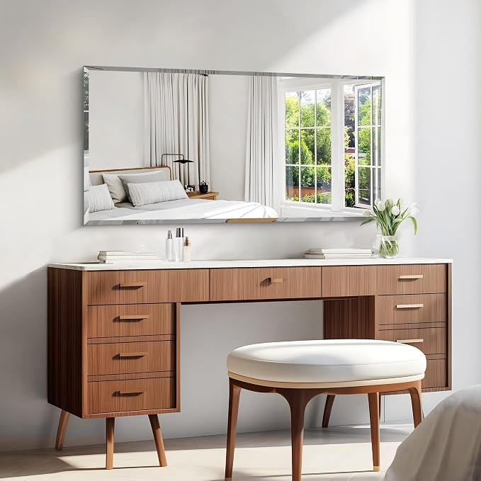 KOCUUY Beveled Mirror, 24x48 Inch Frameless Bathroom Mirror for Over Sink, Upgraded Shatterproof Beveled Unframed Design Mirror for Bathroom, Bedroom, Hang Horizontal/Vertical