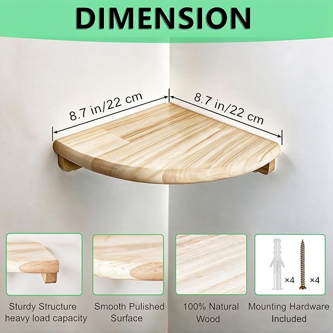 8.7" Floating Corner Shelf, Solid Wood Wall Mount with Wire Hole | Round end design, fits small decor, plants, photo frames & speakers; for bedroom, kitchen, living room