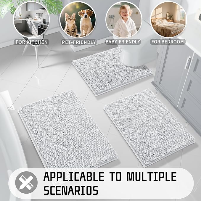Yimobra Washable Bathroom Rugs, Super Soft & Absorbent Chenille Bath Mat for Floor & Carpet, Quick Dry Non Slip Bath Mat for Tub Shower, 32"x20",Silver