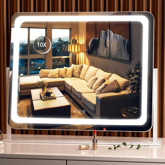 Hasipu Vanity Mirror with Lights, 24.2" x 20" LED Make up Mirror, Light up Mirror with 10X Magnification, Smart Touch 3 Colors Dimmable, Brightness Adjustment, 360° Rotation (White)