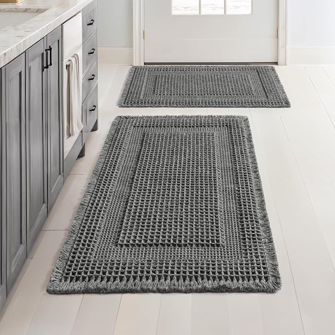 MIULEE Set of 2 Waffle Bathroom Rugs Dark Grey Boho Bath Mat 17x24+18x30 in | Looped Design, Super Absorbent, Non Slip, Washable, Ultra Soft, Rubber Backed, Bathroom Mats for Floor Tub Shower