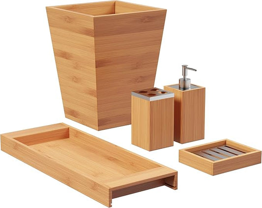 Lavish Home 5-Piece Bathroom Decor Set - Bamboo Bathroom Accessories with Trash Bin, Soap Dish, Soap Dispenser, Toothbrush Holder, and Tray (Natural)