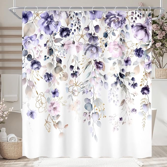 Purple Floral Girls Girly Boho Watercolor Bathroom Shower Curtain Set | 72"W x 72"L Flower Wildflower design with waterproof HD artwork, quick-dry fabric and hooks for easy hanging.