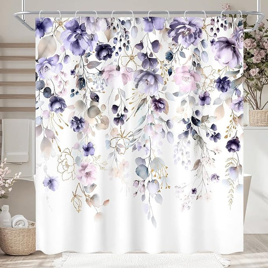 Purple Floral Girls Girly Boho Watercolor Bathroom Shower Curtain Set | 72"W x 72"L Flower Wildflower design with waterproof HD artwork, quick-dry fabric and hooks for easy hanging.