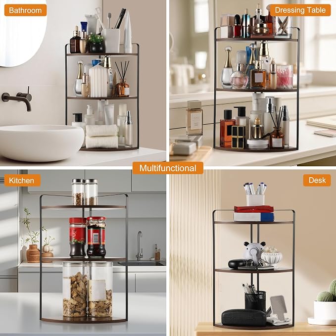 3 Tier Corner Bathroom Counter Organizer, Gray Brown | Countertop Sink Organizer Rack, Wooden and Metal Counter Shelf, Space Saving Corner Bathroom & Vanity