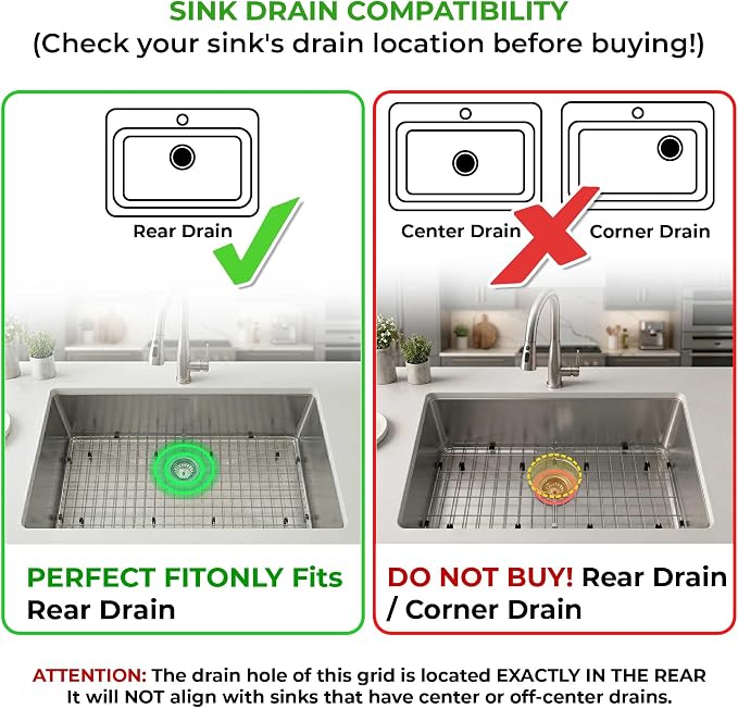 Stainless Steel Detachable Sink Grid (28-3/8" x 15-3/8" Rear Drain) | 304 Stainless Steel, Anti-Rust, Sink Bottom Protector, Scratch Proof, Rear Drain, Multi-Use Rack, Heavy Duty, Easy Clean