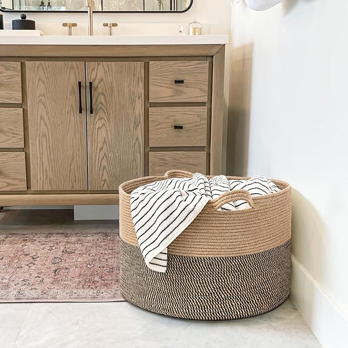 Goodpick Large Wicker Basket for Blankets, Baby Toy Storage Basket, 85L | 21.7 x 21.7 x 13.8 In Baby Storage Basket for Nursery, Blanket Basket for Living Room, Laundry Basket for Towels, Jute