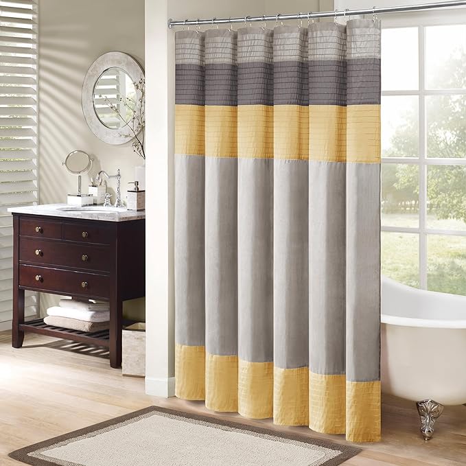 Madison Park Amherst 72 x 72 Bathroom Shower Curtain, Faux Silk, Yellow | Modern Classic, Light Sheen, Pieced, Striped, Microfiber, Machine Washable, OEKO-TEX Certified, Amherst