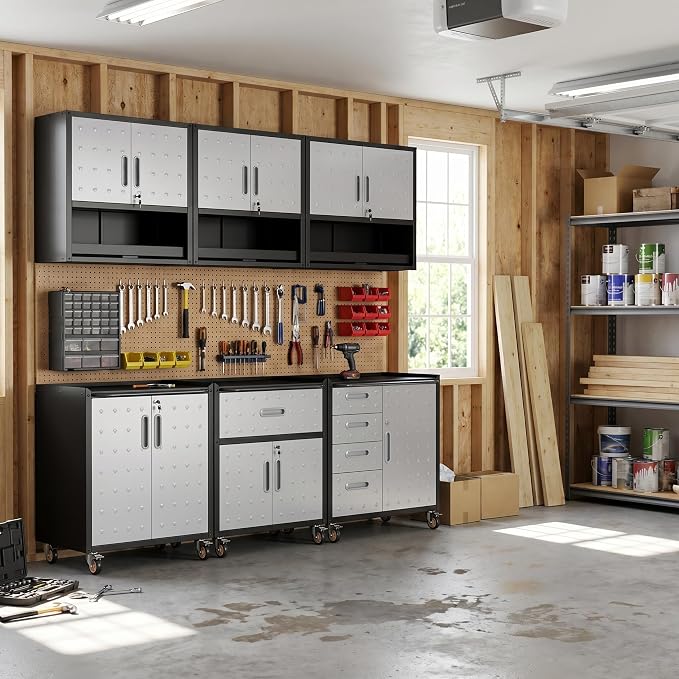 Garage Storage Cabinet System,Wall Cabinet & Locking Rolling Tool Cabinet with Doors and Adjustable Shelves