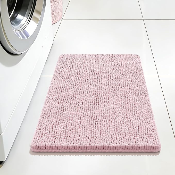 Bcoimo Small Bath Rug Mat,24x17 Chenille Non Slip Pink Bathroom Shower Mat | Extra Soft Bathroom Rugs;Non Slip with Rubber Backing Bath Mats;High Absorbent And Quick Dry Microfiber mat; Machine Washable