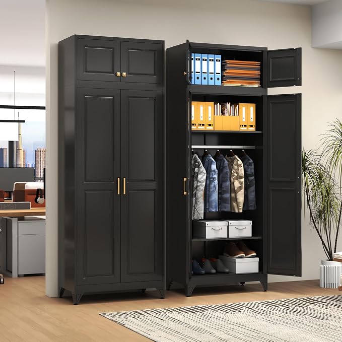 Polup 86" Tall Black Metal Armoire Wardrobe Closet with Hanging Rod | Heavy Duty Steel Clothing Storage Cabinet, 4 Doors, 180lbs Adjustable Shelves, Shipped in 2 Packages for Bedroom, Garage