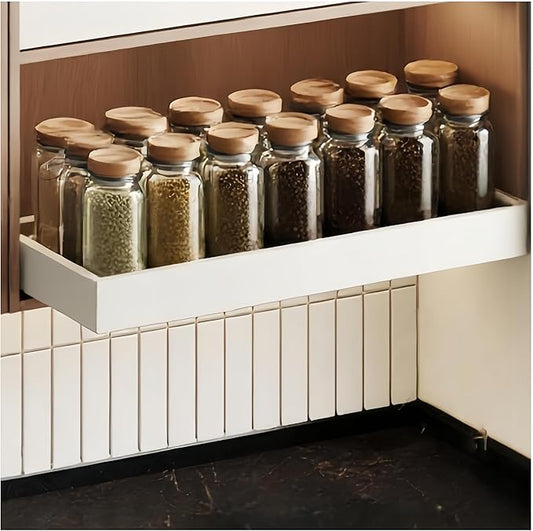 Fokyfok Pull out Cabinet Organizer,18"-25"W,10"-13"D,Expandable,Adhesive | No Drill,Upper Cabinet,Adjustable Slide out Drawers for Pantry,Roll out Shelves Short,Framless Cabinets,Kitchen,White,1PC