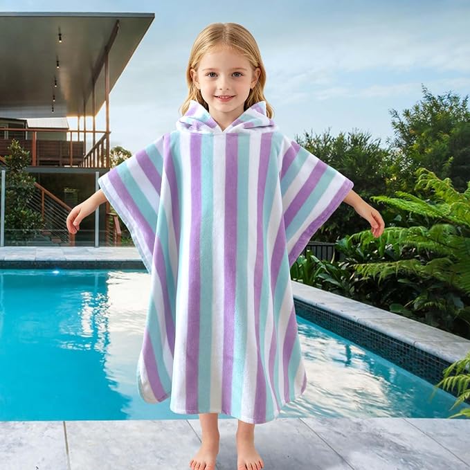 VOOVA & MOVAS Hooded Poncho Towel for Kids, 4-8 Years, Aqua Purple Stripe | Two-Tone Striped Craft, Soft Texture, High Absorbency & Fast Drying for All Water Activities